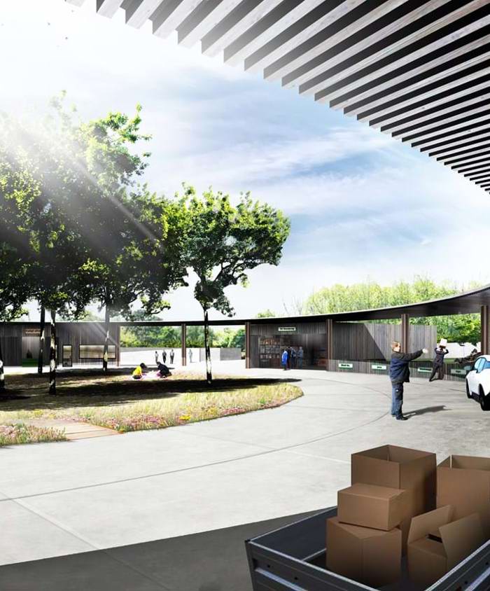 Visualisering fra Schonherrloop Architects af den kommende nye cirkulære genbrugsstation i Lisbjerg.
